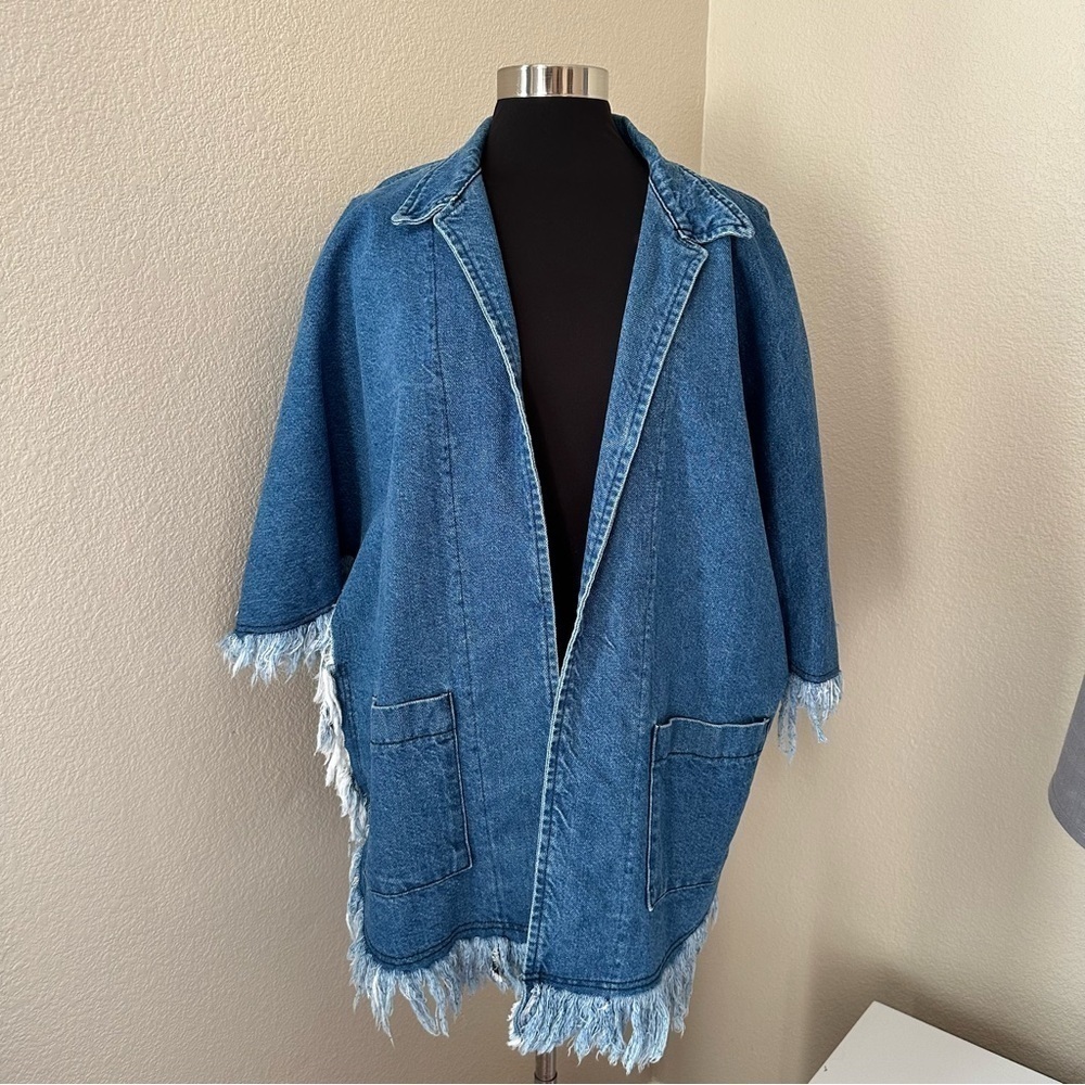 Sundance Frayed Denim Lagenlook Blue Cardigan Poncho Size S